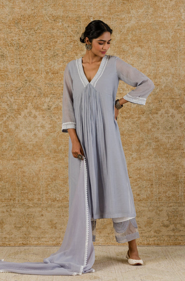 Grey Embroidered Chanderi Kurta Set