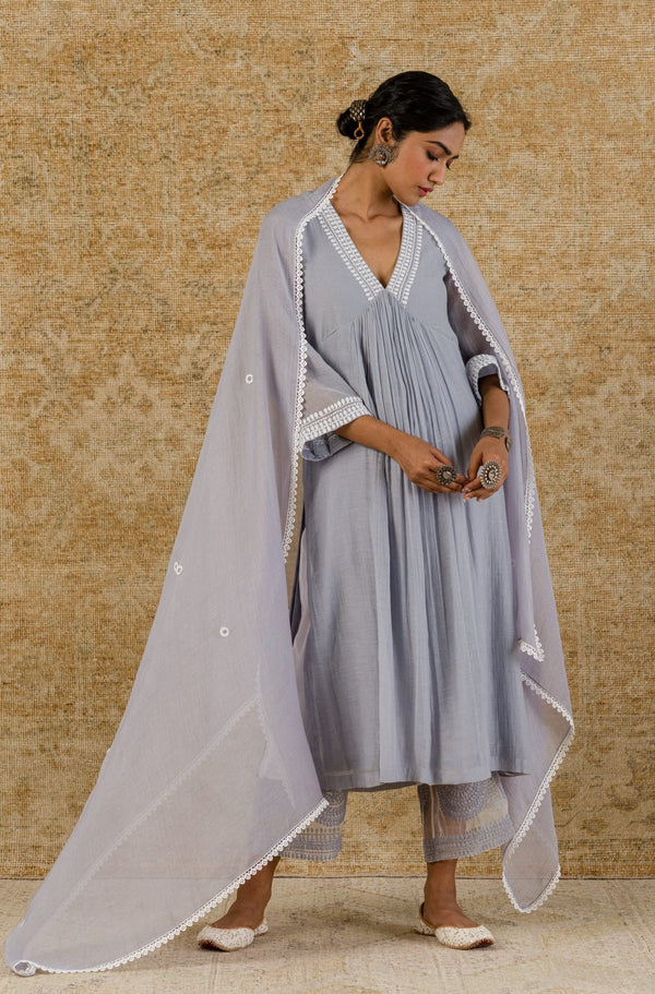 Aegean Blue Embroidered Chanderi Kurta Set