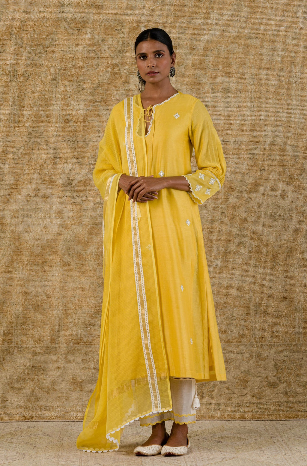 Yellow Chanderi Straight Embroidered Kurta Set