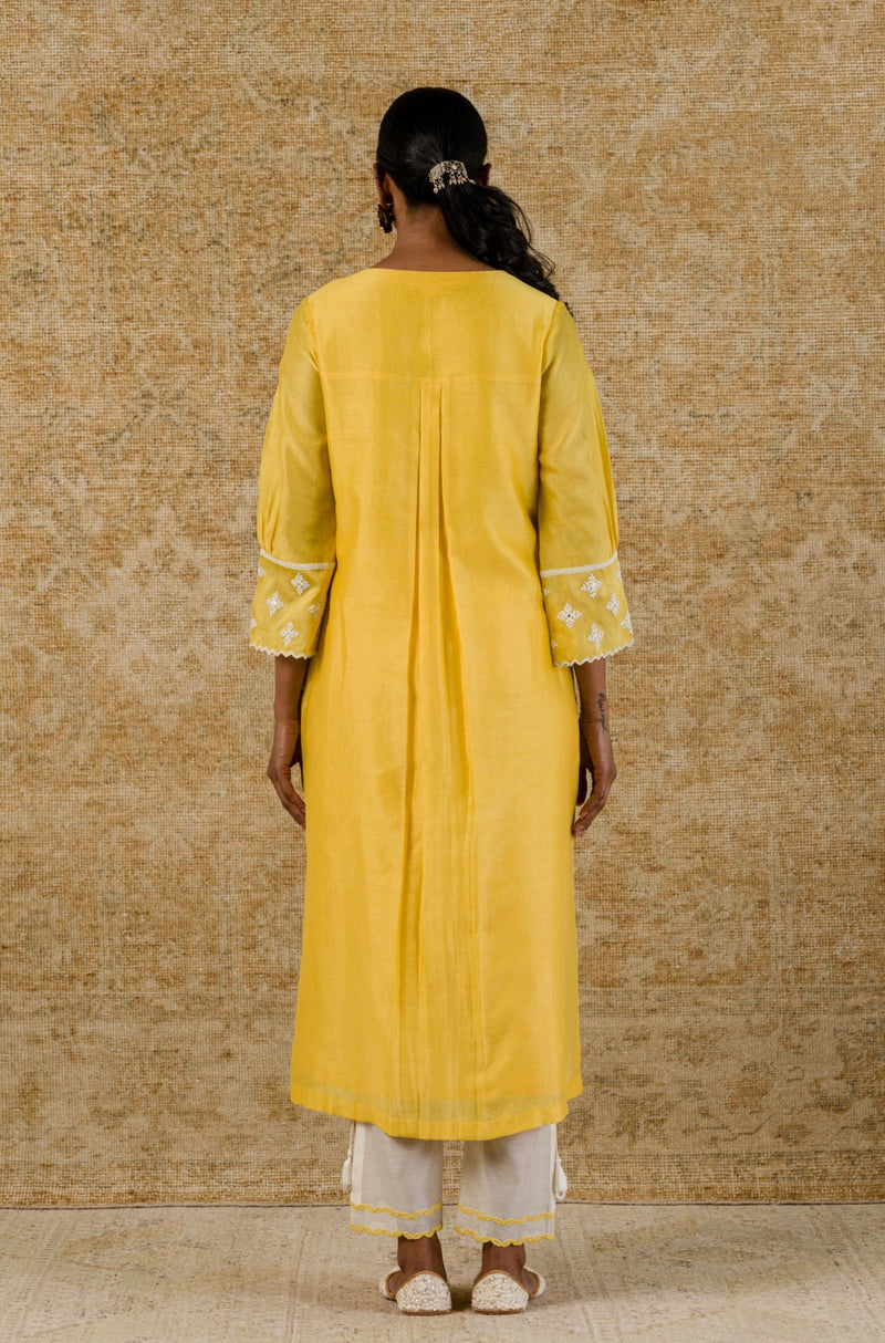 Yellow Chanderi Straight Embroidered Kurta Set