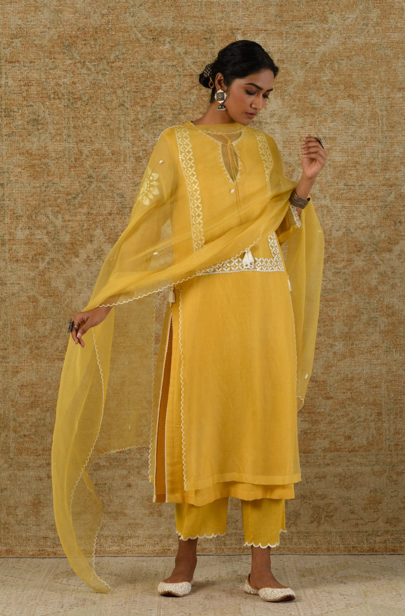 Yellow Embroidered Organza Kurta Set