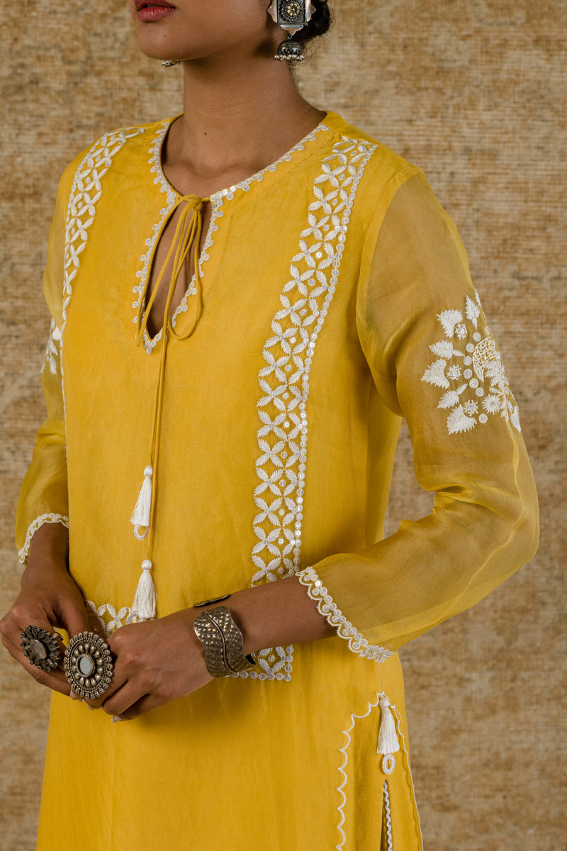 Yellow Embroidered Organza Kurta Set