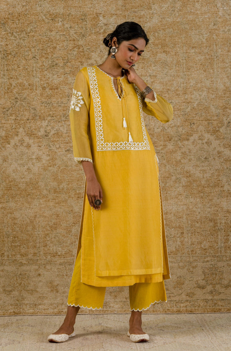 Yellow Embroidered Organza Kurta Set