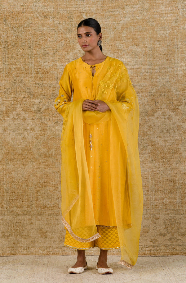 Mustard Mukaish Chanderi Kurta Set