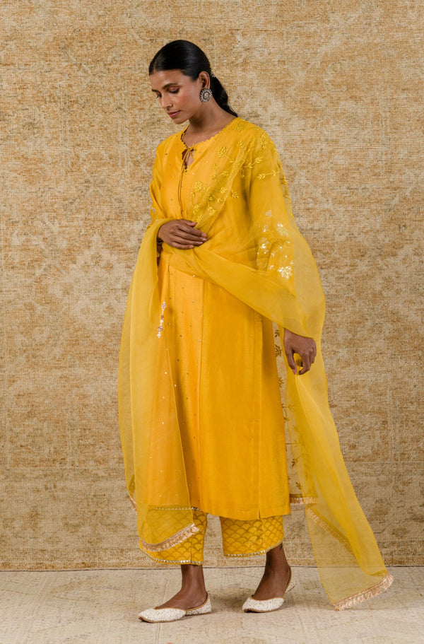 Mustard Mukaish Chanderi Kurta Set