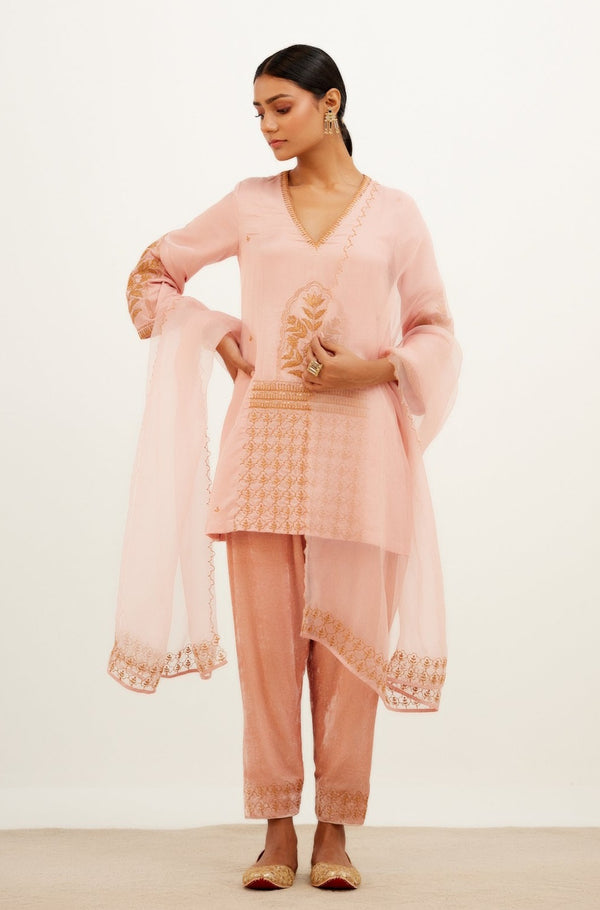Blush Pink Embroidered Cotton Silk Satin Kurta Set