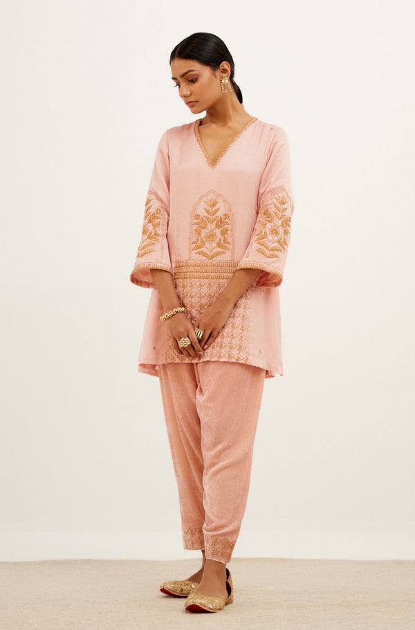 Blush Pink Embroidered Cotton Silk Satin Kurta Set