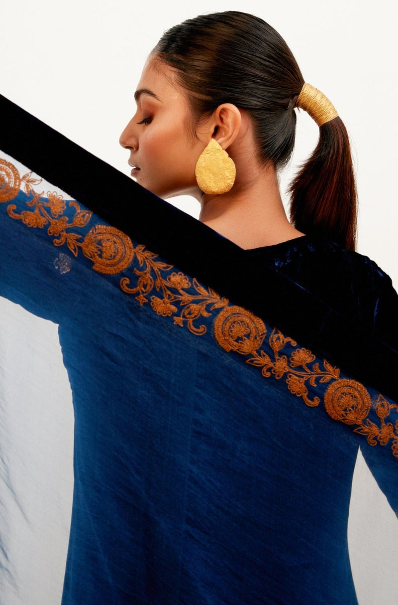 Navy Blue Zari Embroidered Velvet Kurta Set
