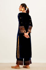 Navy Blue Zari Embroidered Velvet Kurta Set