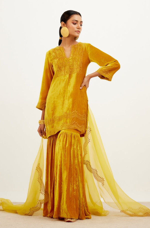 Mrunal Thakur in Mustard Zari Embroidered Velvet Sharara Set