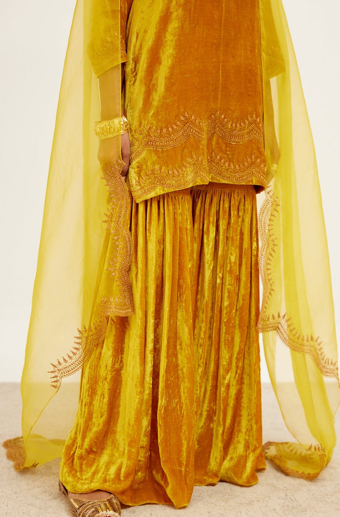 Girl Velvet Sharara Set-Mustard