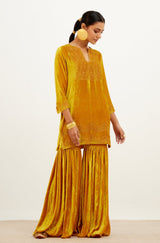 Mrunal Thakur in Mustard Zari Embroidered Velvet Sharara Set
