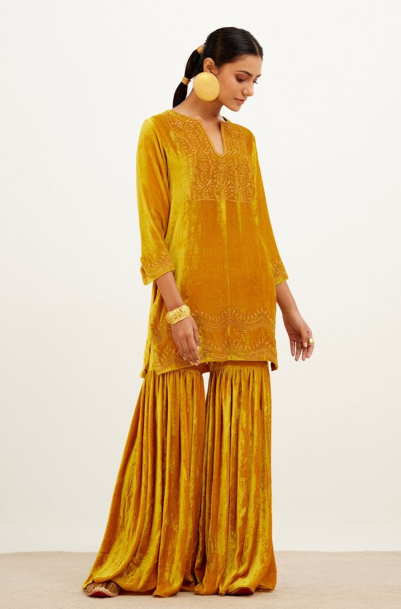 Mustard Zari Embroidered Velvet Sharara Set