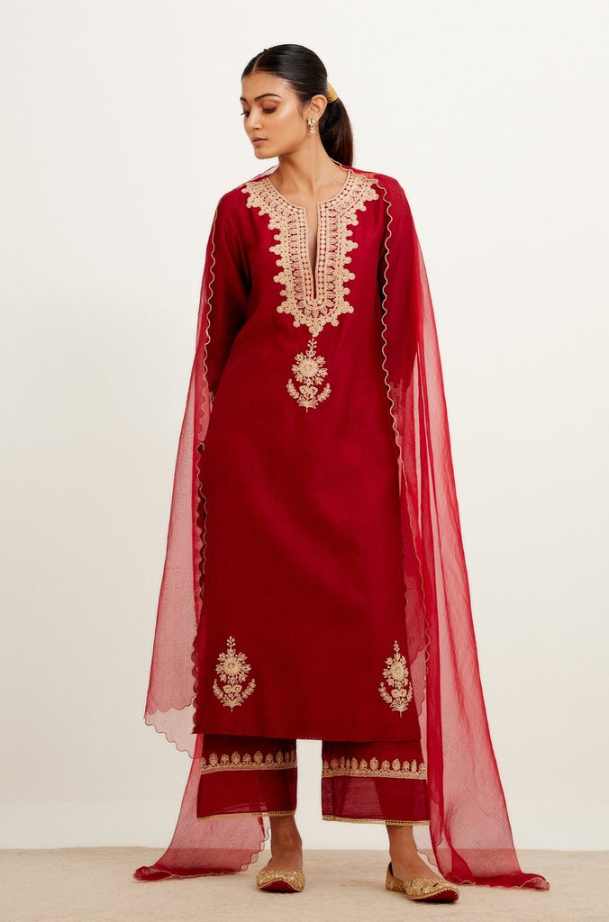 Maroon Dori Embroidered Kurta Set