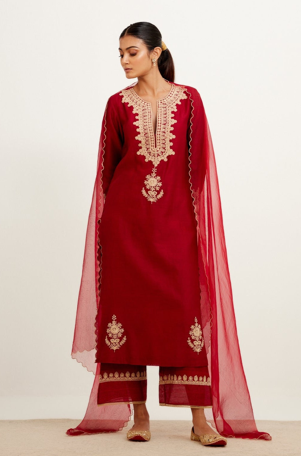 Maroon Dori Embroidered Kurta Set