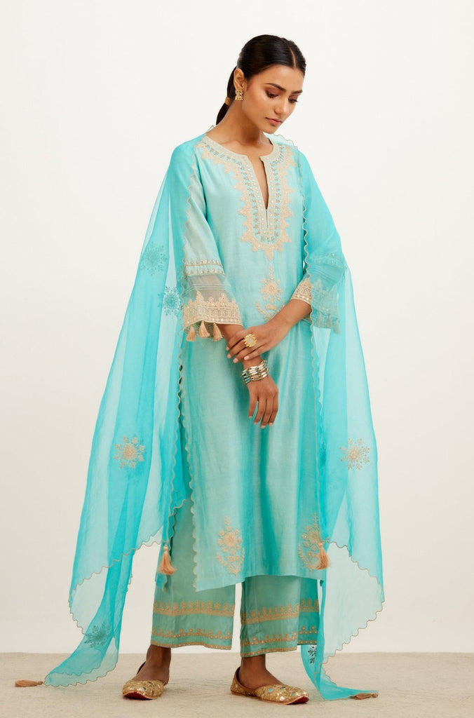 Turquoise Blue Dori Embroidered Kurta Set