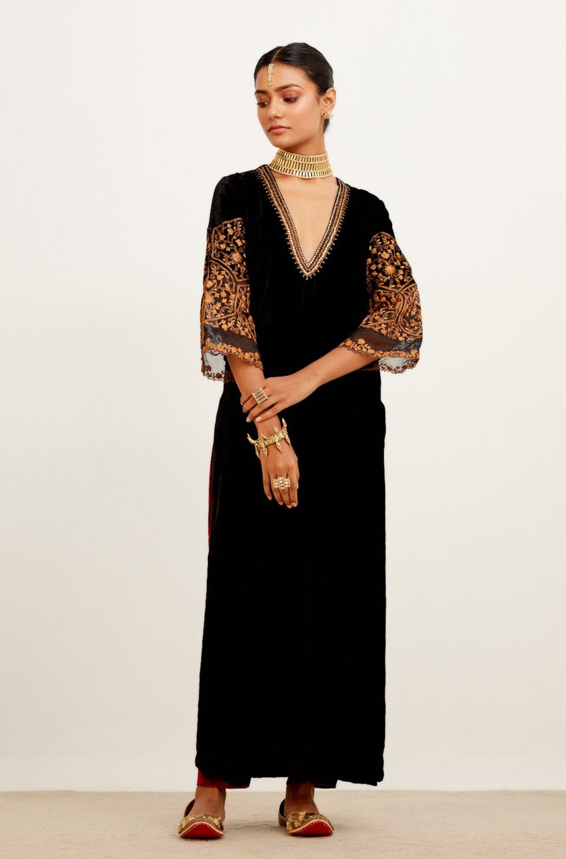 Black and Maroon Zari Embroidered Velvet Kurta Set