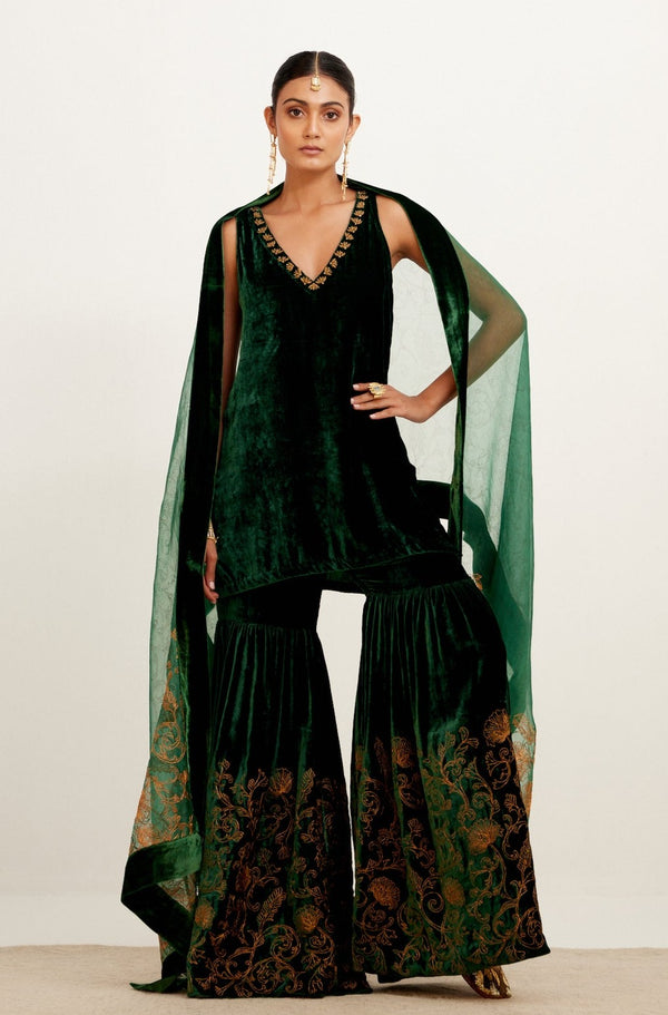 Bottle Green Embroidered Velvet Sharara Set