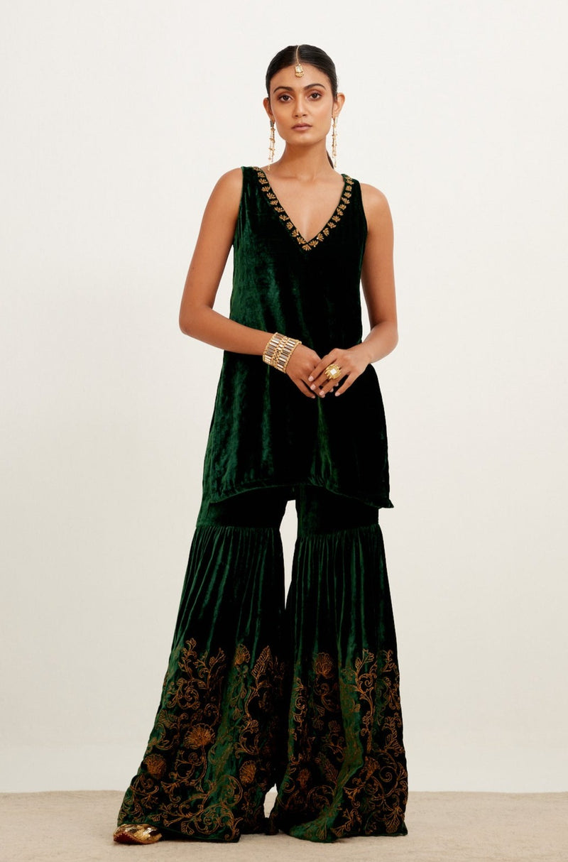 Bottle Green Embroidered Velvet Sharara Set