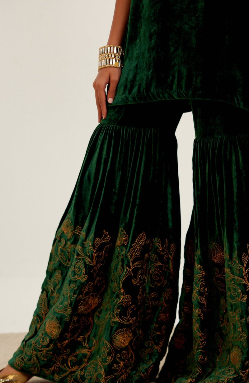 Bottle Green Embroidered Velvet Sharara Set