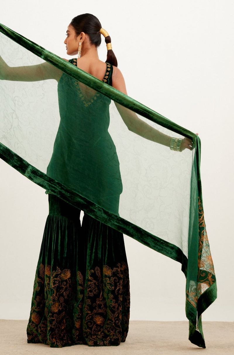 Bottle Green Embroidered Velvet Sharara Set