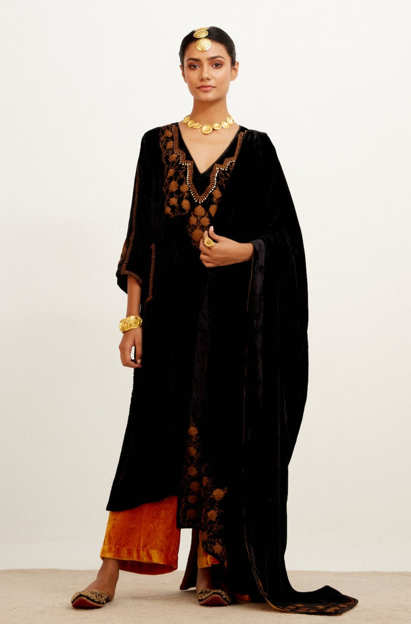 Black and Mustard Zari Embroidered Velvet Kurta Set