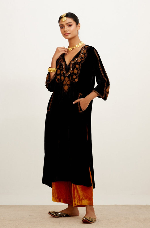 Black and Mustard Zari Embroidered Velvet Kurta Set