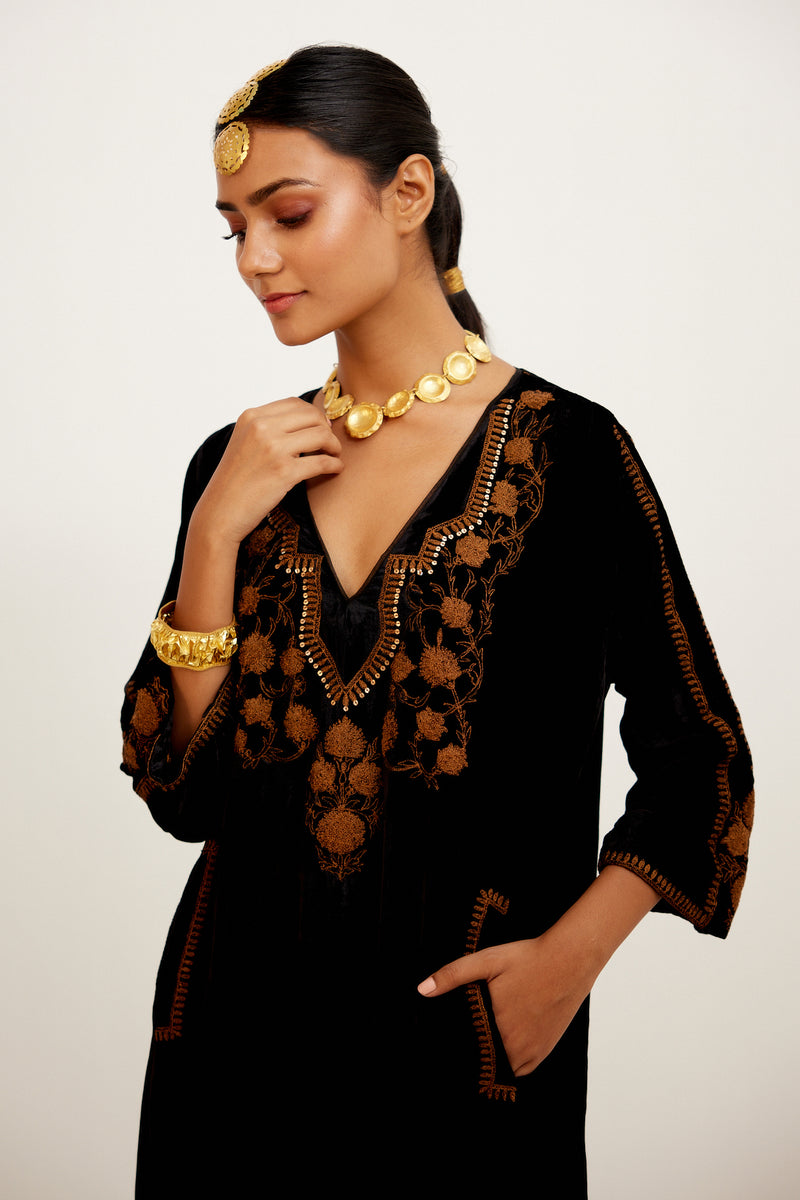 Black and Mustard Zari Embroidered Velvet Kurta Set