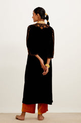 Black and Mustard Zari Embroidered Velvet Kurta Set