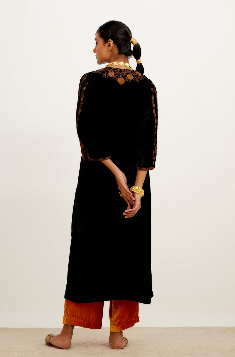 Black and Mustard Zari Embroidered Velvet Kurta Set