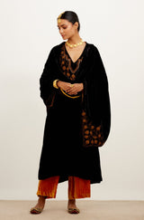 Black and Mustard Zari Embroidered Velvet Kurta Set