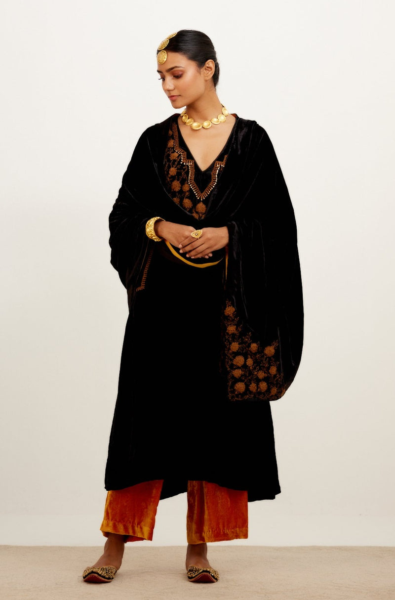 Black and Mustard Zari Embroidered Velvet Kurta Set