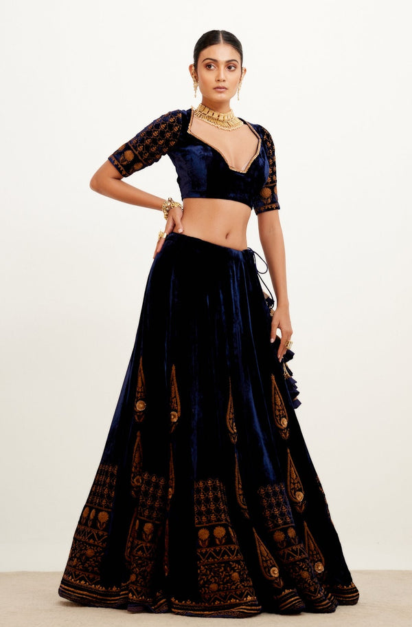 Navy Blue Zari Embroidered Velvet Lehenga Set