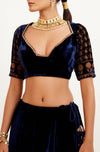 Navy Blue Zari Embroidered Velvet Lehenga Set