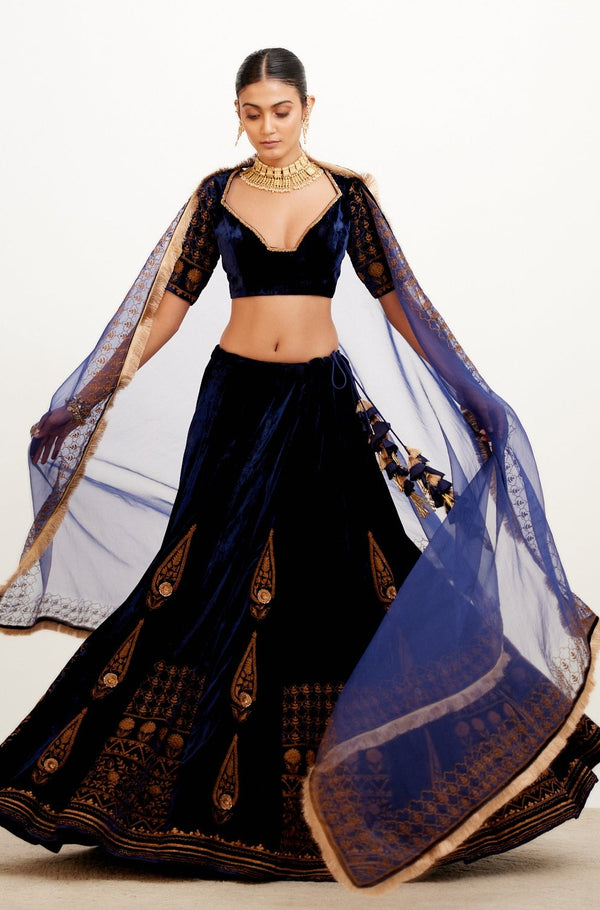 Navy Blue Zari Embroidered Velvet Lehenga Set