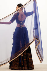 Navy Blue Zari Embroidered Velvet Lehenga Set