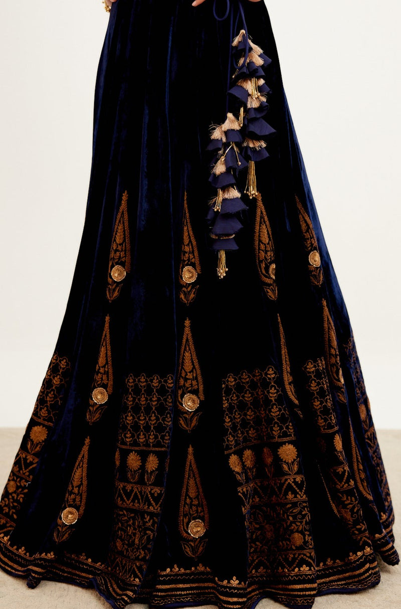Navy Blue Zari Embroidered Velvet Lehenga Set