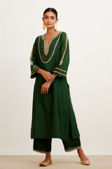 Bottle Green Block Print Embroidered Kurta Set