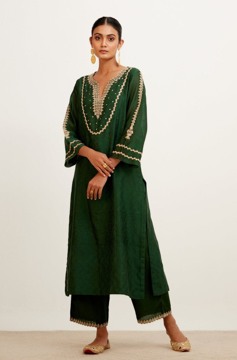 Bottle Green Block Print Embroidered Kurta Set