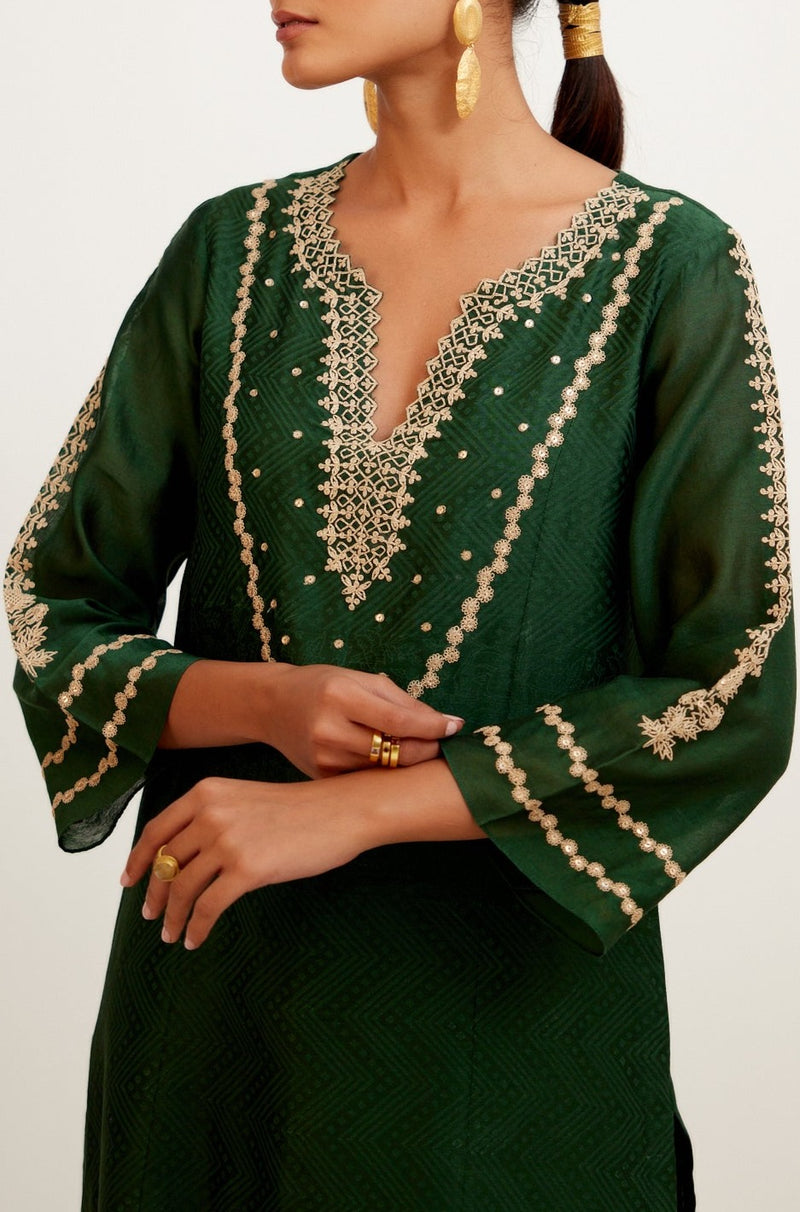 Bottle Green Block Print Embroidered Kurta Set