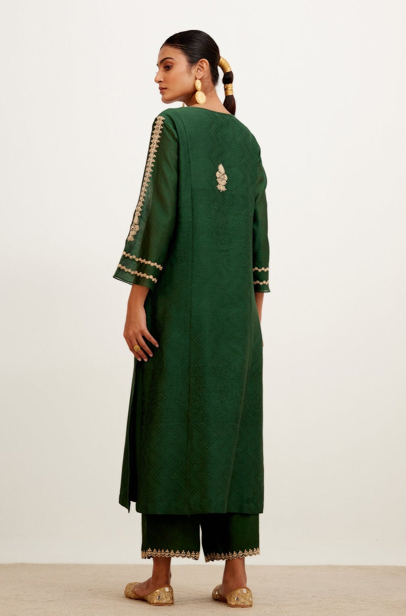 Bottle Green Block Print Embroidered Kurta Set