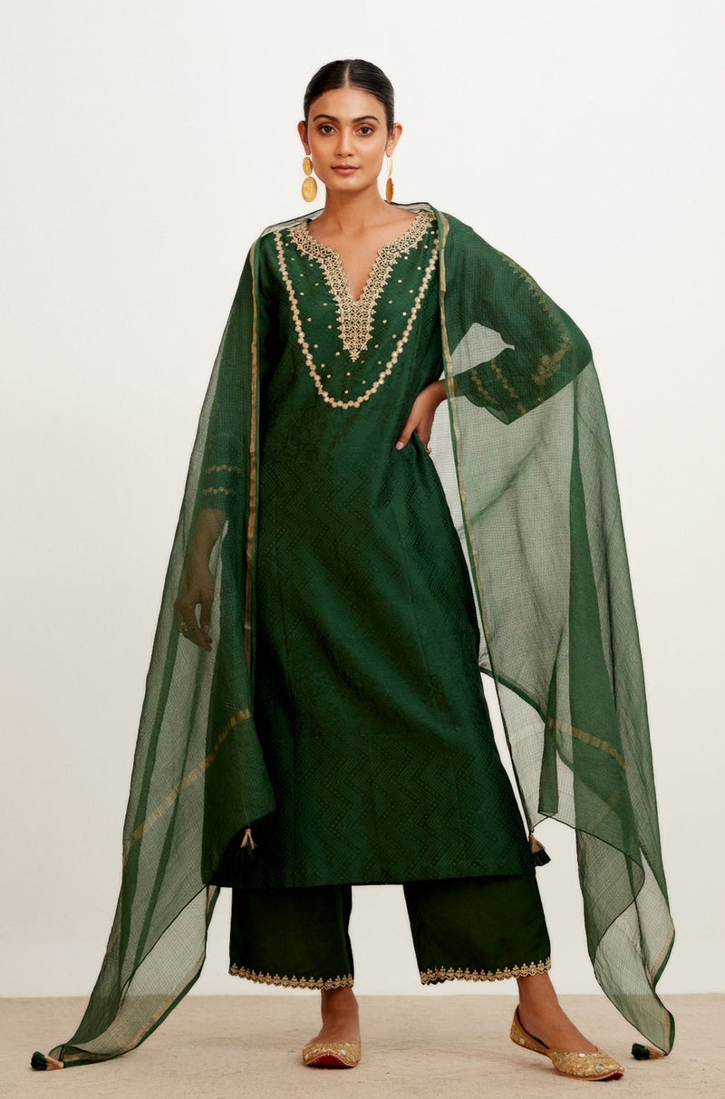 Bottle Green Block Print Embroidered Kurta Set