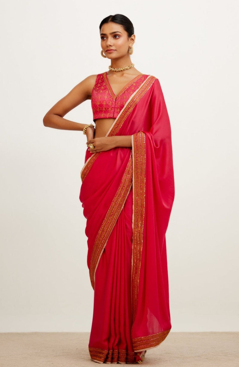 Fuchsia Pink Zari Embroidered Satin Saree