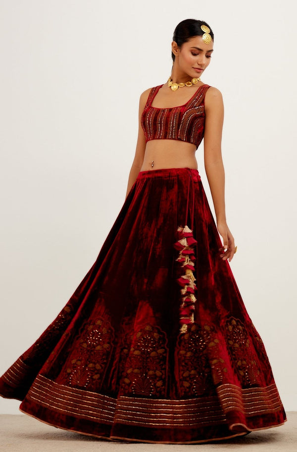 Maroon Zari Embroidered Velvet Lehenga Set