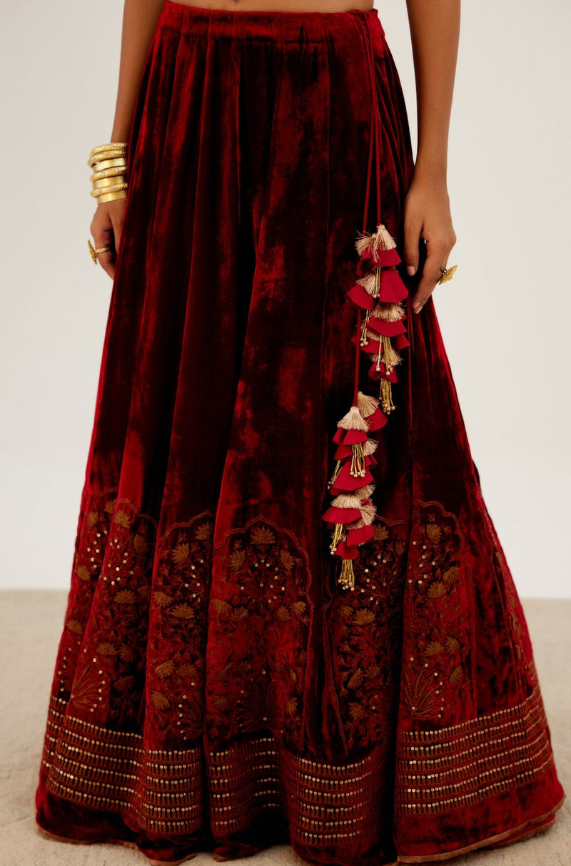 Maroon Zari Embroidered Velvet Lehenga Set