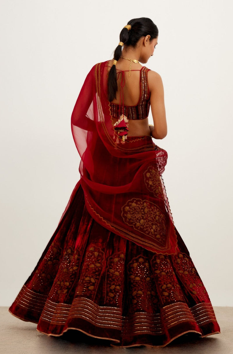 Maroon Zari Embroidered Velvet Lehenga Set