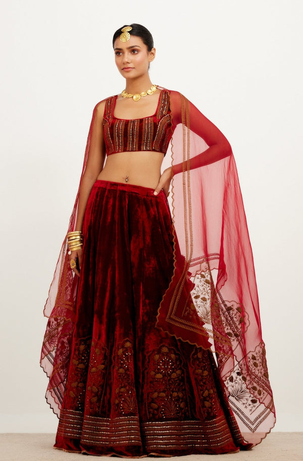 Maroon Zari Embroidered Velvet Lehenga Set