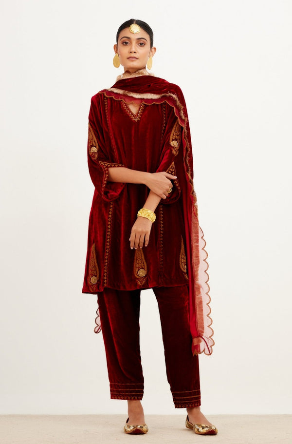 Maroon Embroidered Velvet Short Kurta Salwar Set