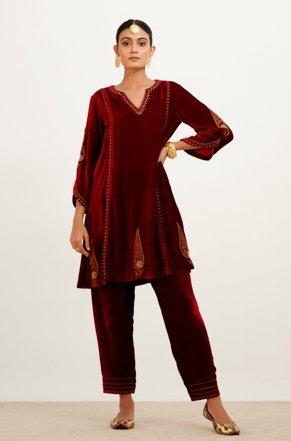 Maroon Embroidered Velvet Short Kurta Salwar Set