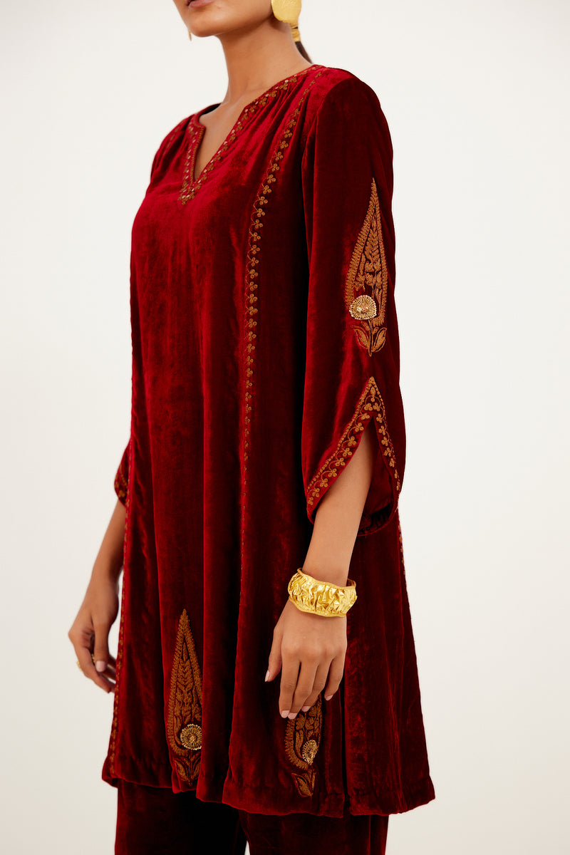 Maroon Embroidered Velvet Short Kurta Salwar Set